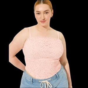 6X 30W Torrid Impatient Pink Lace Crop Top Smocked Square Neck Tank Adjustable